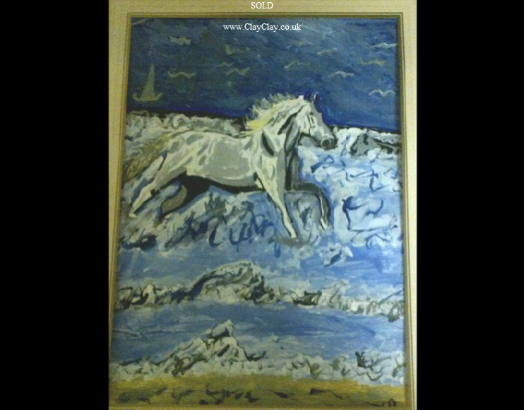 ‘Horse loving the wave breakers’ by BB Bango. Acrylic on paper, framed and glass.  40*30cm SOLD.  Also postcards available. This picture was painted 24th April 2013 