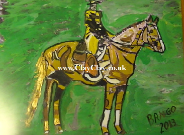 'Horse and Rider?' by BB Bango. One of a selection of A4 sized acrylic on paper and framed original photo based paintings 40. On display Bembridge shop. Also postcards available. This picture was painted mid May 2013 .