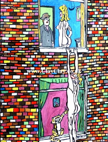 Saucy. 'Man hanging from window.' A painting by BB Bango. 20 by 24" Acrylic on canvas Board. to be Resold as too saucy. 125