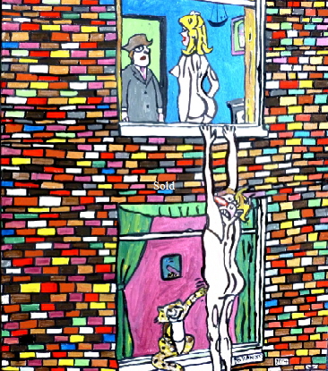 Saucy. 'Man hanging from window.' A painting by BB Bango. 20 by 24" Acrylic on canvas Board. to be Resold as too saucy. £125