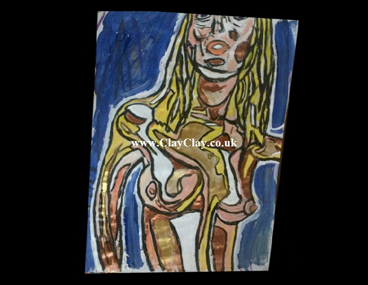 Abstract Jo 2 by BB Bango. Acrylic on paper in  clip frame.  29*19cm 50. On display Bembridge shop. Also postcards available. This picture painted 20th April 2013 is based on an EspadaRolls Glamour model photo shoot for the Tacky..... Original Music music videos.