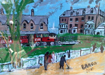 'Rail in Bembridge 1933' by BB Bango. One of a selection of A4 sized acrylic on paper and framed original photo based paintings 40. On display Bembridge shop. Also postcards available. This picture was painted late May 2013 .