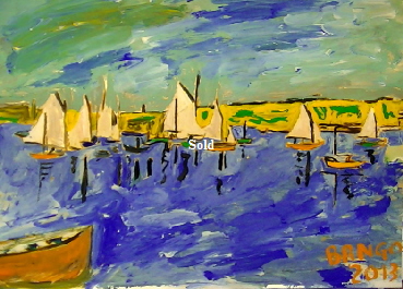 'Sailing Bembridge' by BB Bango. One of a selection of A4 sized acrylic on paper and framed original photo based paintings 40. On display Bembridge shop. Also postcards available. This picture was painted late May 2013 .