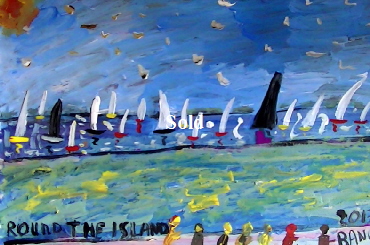 'Round the Island Race 2013' by BB Bango. One of a selection of A4 sized acrylic on paper and framed original photo based paintings 40. On display Bembridge shop. Also postcards available. This picture was painted June 2013 .