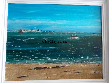Solent Forts Acrylic varnished on 50*40 cm Canvas and Wide White frame. Mike Miller Seaview Based Artist in many mediums onto canvas, card and terracotta. On display in Bembridge shop. 270