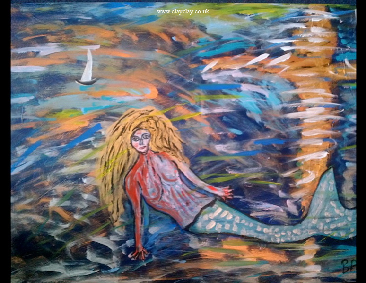 ‘Mermaid 3’ by BB Bango. Acrylic on canvas.  90*60cm £115.  Also postcards available. This picture painted 8th April 2013 is influenced by E Munch and is the third in the popular ‘Mermaid’ series. 