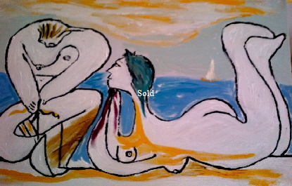 'Admiration on Bembridge Beach' (after Picasso) by Bango 60 by 40cm acrylic on canvas 90 On display ClayClay shop
