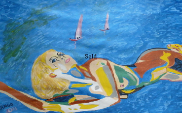 'Sailing Nude by  BB Bango. 50*70cm acrylic on paper and framed.  Also postcards available. This picture was painted September 1st 2013 . Sold