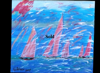 'Five Red Sails' 20 by  30 inches by BB Bango. Aug  2nd 2015 Acrylic on canvas. On display Big Art 100