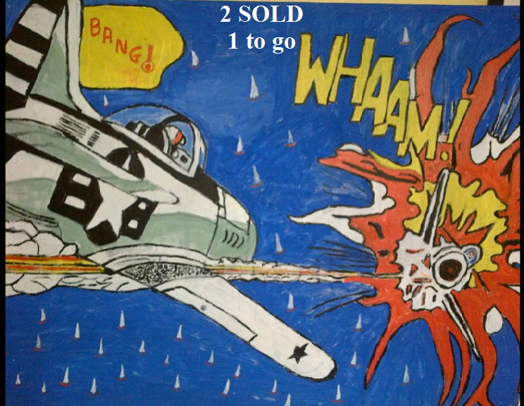'Whaam over the Solent 2' by BB Bango. Acrylic on camvas  90*60cm 60. On display Bembridge shop. Also postcards available. This picture painted 31st March 2013 is the second one in the Whaam series and can be personalised by putting whatever name you like on the cockpit surround. Influenced by 'All American Men of War' Comic No.89 1962 DC comics and of course Roy Lichtenstein.