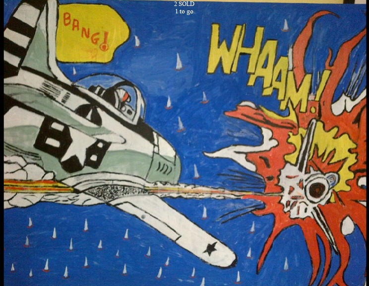 'Whaam over the Solent 2' by BB Bango. Acrylic on camvas  90*60cm £60. On display Bembridge shop. Also postcards available. This picture painted 31st March 2013 is the second one in the Whaam series and can be personalised by putting whatever name you like on the cockpit surround. Influenced by 'All American Men of War' Comic No.89 1962 DC comics and of course Roy Lichtenstein.