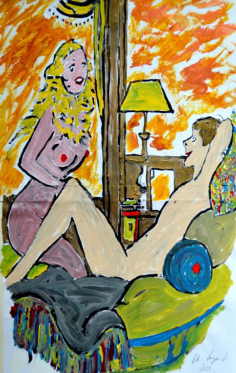 'Oral in the morning' Based on Men's magazine cartoon from 1970s - Look at before sex, it will warm up your nerves - A2 size Acrylic on paper by BB Bango £35 plus £15 if framed
