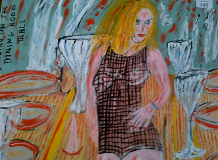 Acrylic on canvas Dancing on the Dining Room table. Taken from EspadaRolls Tacky music videos DVD 500*400mm  30 Can be personalised to your own colours and annotation including your own photos used as part of this orignal art work