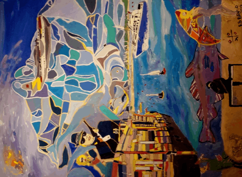 'Harbour' by BB Bango 40 by 32 inch acrylic on canvas. Commission by art collector in UK