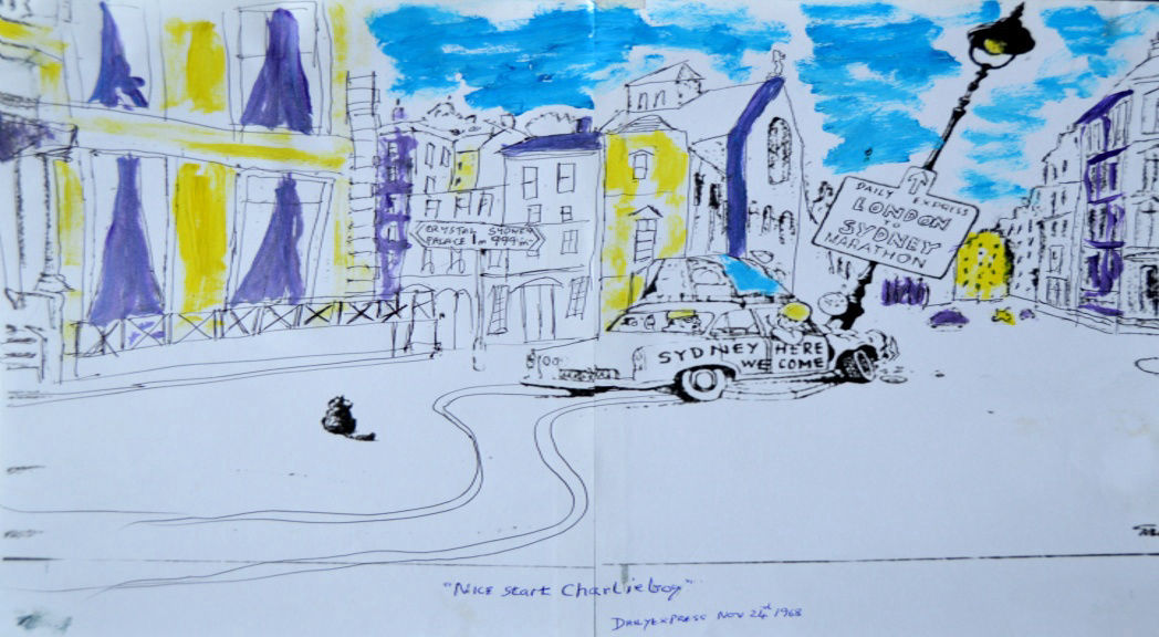 'Nice start Charlie Boy' Based on Giles Cartoon of the period A3 Acrylic on paper by BB Bango £30 plus £15 if framed. 
