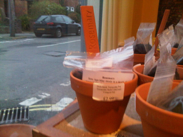Pot set. Terracotta Herb label marker, seeds compost and terracotta pot. £2.99 in the shop.