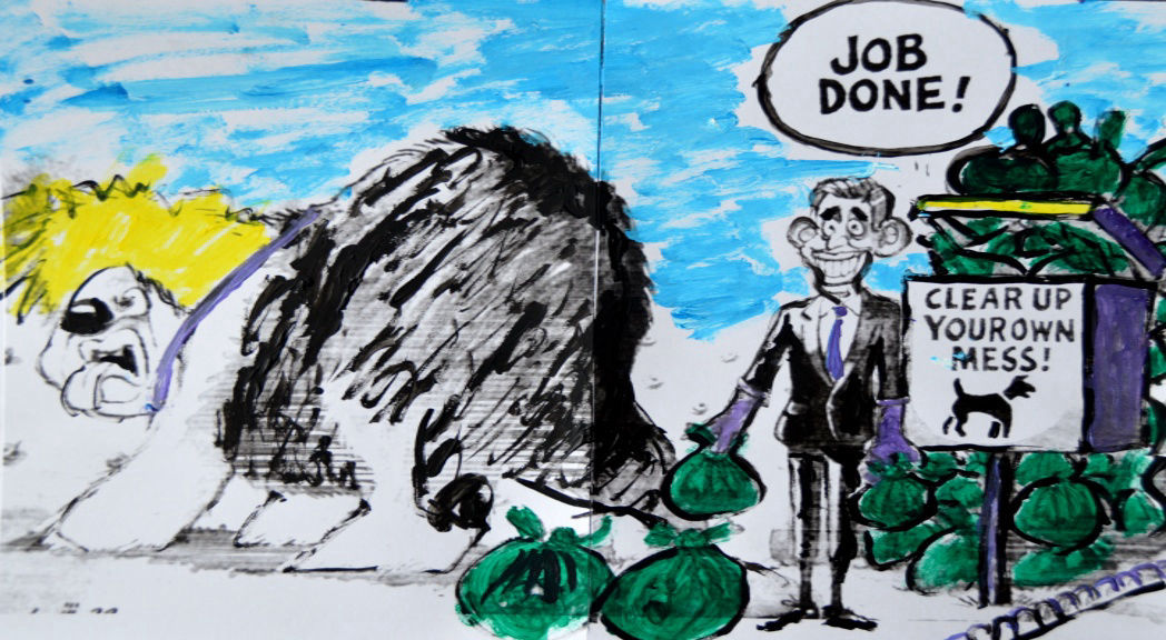 'Job done'. After NI Protocol talks late February 2023. Original cartoon in the Times 1/3/2023 A3 Acrylic on paper by BB Bango £30 plus £15 if framed. 