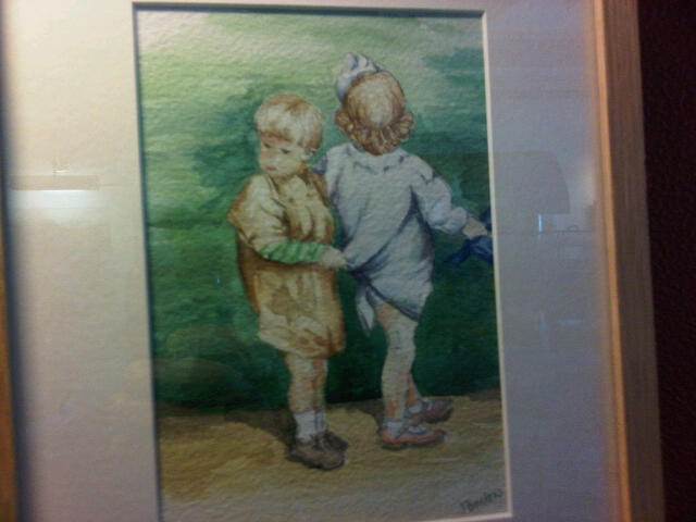 Juliet Bristow Boy holding sisters hand looking worried. 4.5" by 7" Watercolour on paper 35  On display in Lymington