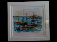 Liz Fletcher Acrylic on Canvas Seaview Dinghys  13.5*13.5cm  Framed 125 On display in Bembridge Shop.